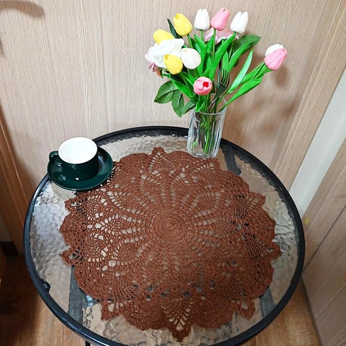 BIBITIME Lace Tablecloth Doily Handmade Crochet Placemat Women Vase Mat Kitchen Table Runner (2PCS- 18 in to 20 in, Coffee)