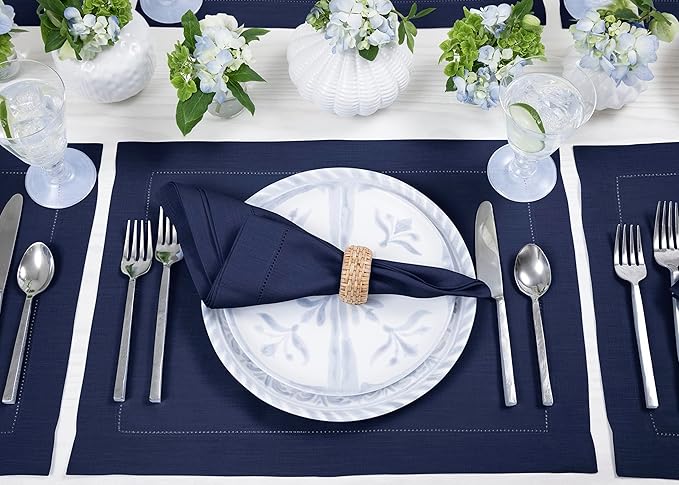 Solino Home Linen Placemats Set of 4 - Classic Hemstitch Navy Blue Placemats 14 x 19 Inch - 100% Pure Linen Table Mats for Winter, Easter