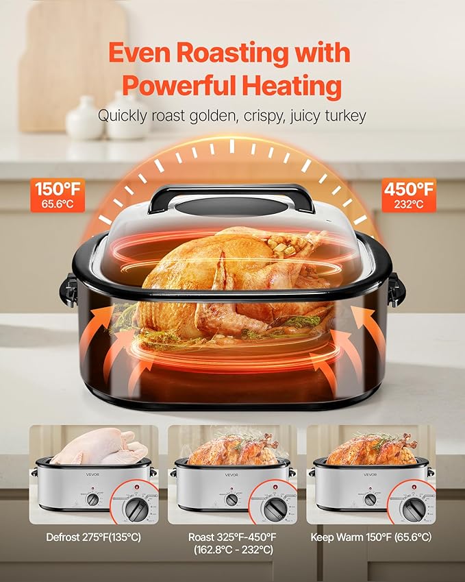 VEVOR Roaster Oven, 26QT Electric Roasting Pan, 150-450℉ Adjustable Temperature Fast-Cooking Turkey Roaster with Cool-Touch Handle, Visible Self-Basting Lid, Defrost & Warm Function, Fits 30lb Turkey