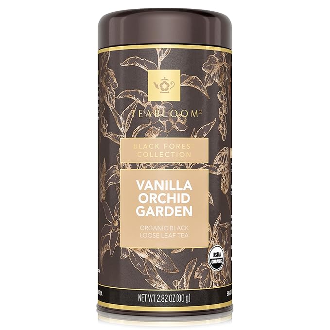 Teabloom Organic Black Tea, Vanilla Orchid Garden Loose Leaf Tea, USDA Certified Organic and Kosher Certified, 2.80 Ounce Canister Makes 35-50 Cups