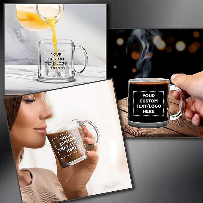 Custom Libbey Clear Glass Coffee Mugs 13 oz. Set of 50, Personalized Bulk Pack - Perfect for Coffee, Tea, Espresso, Hot Cocoa, Other Beverages - Clear Bottom
