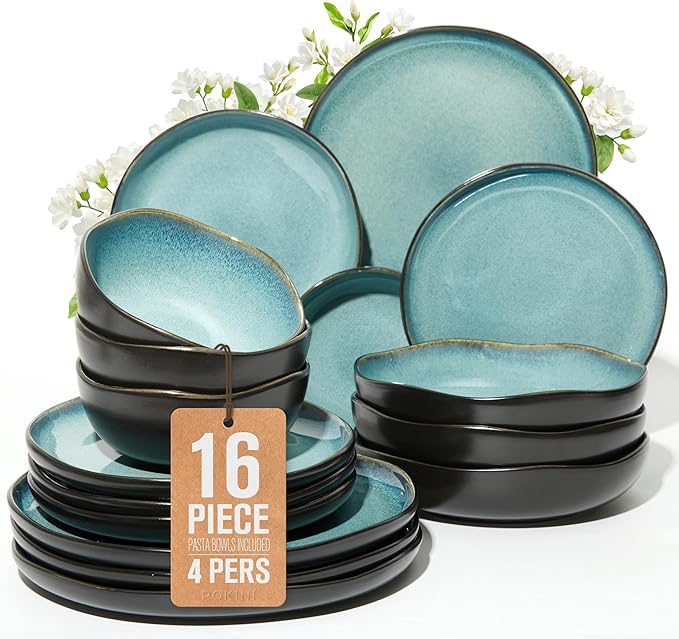 Plates and Bowls Sets, 16 Pieces Dinnerware Set for 4 with Pasta Bowls, Handmade Dishes Set, Chip Resistant Dishware Sets, Microwave Safe Dinner Set, Designed for Interactive Meals, Green Black