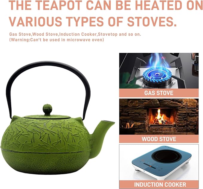 YJX 60.9oz Large Cast Iron Teapot, Big Tea Kettle for Stovetop Safe, Green Cast Iron Kettle Teapot with Stainless Steel Infuser for Loose Tea and Tea Bags(1800ml)