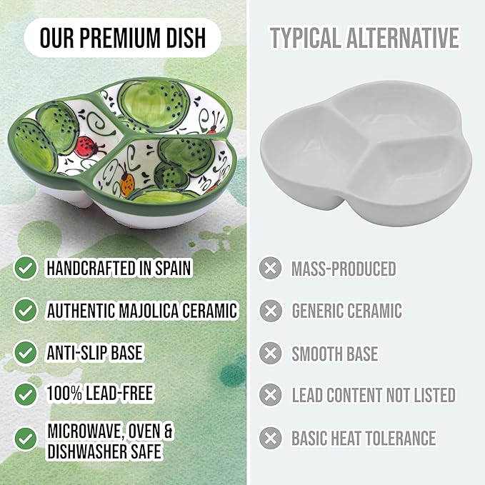 Ceramic Chip & Dip Bowl 7.5”, 3-Compartment Divided Serving Dish & Condiment Tray for Appetizers – Handmade in Spain, Lead-Free Glaze, Microwave, Oven & Dishwasher Safe