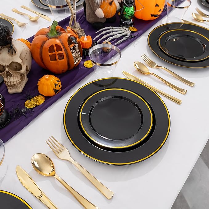 SUT 175 Piece Black and Glod Plastic Dinnerware Set for 25 Guests, Disposable Plastic Plates, Include: 25 Dinner Plates, 25 Dessert Plates, 25 Pre Rolled Napkins with Silver Silverware, 25 Cups