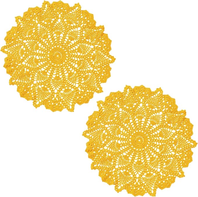 BIBITIME Lace Tablecloth Doily Handmade Crochet Placemat Women Vase Mat Kitchen Table Runner (2PCS- 18 in to 20 in, Yellow)