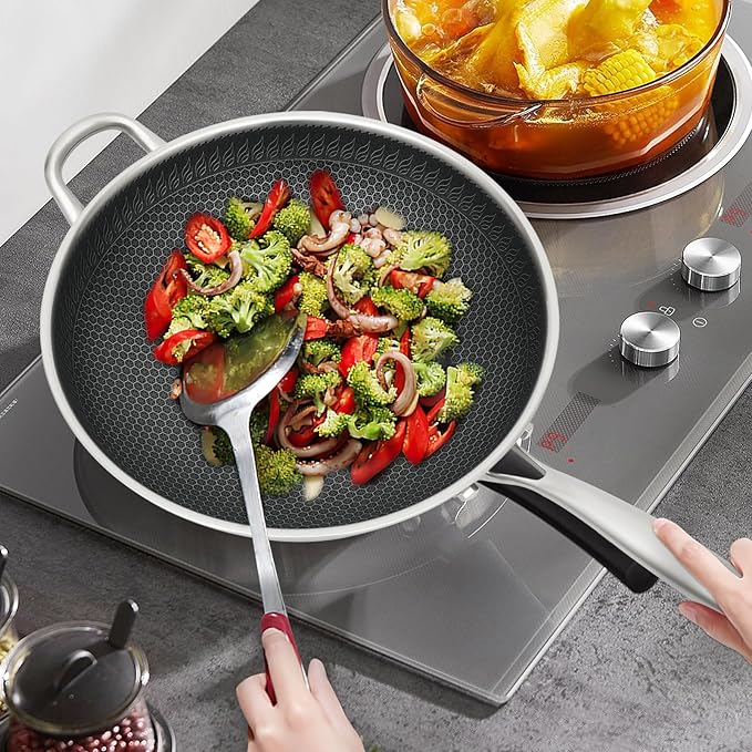 13 Inch Wok Pan with lid, Food-Grade Stainless Steel Woks & Stir-fry Pans Nonstick, Dishwasher and Oven Safe, Cooking Pan Compatible with Gas & Induction Cooker