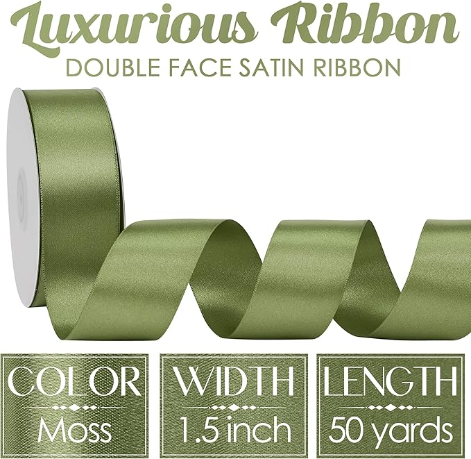 MEEDEE Moss Satin Ribbon 1-1/2 Inch Dark Green Ribbon Lux Double Faced Satin Ribbons by 50 Yards Green Polyester Satin Ribbons for Crafts, Weddings, Flower Bouquet, Holiday Decorating