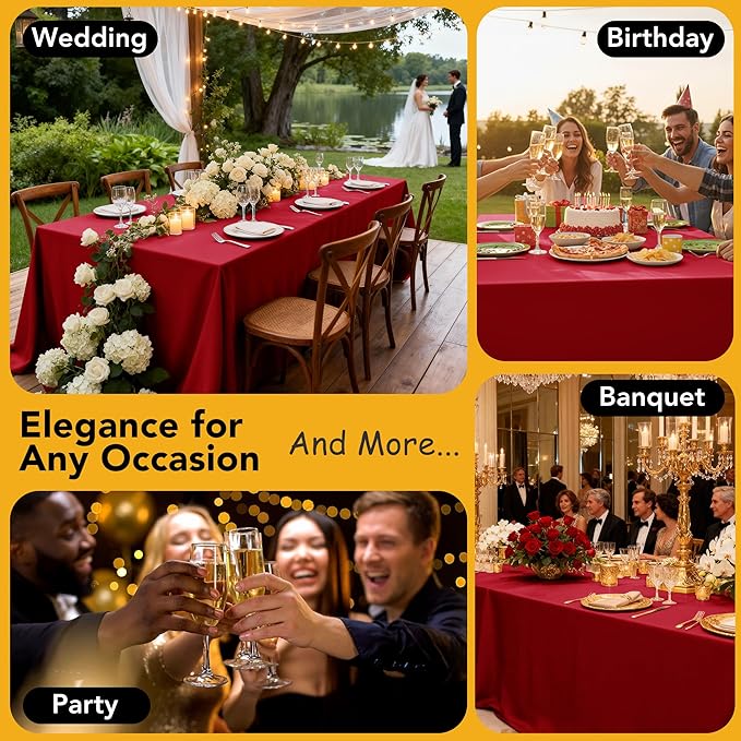 6-Pack Red Tablecloths for Rectangle Tables, 90 x 156 Inches, Stain-Resistant Polyester Fabric for 8 Foot Tables - Washable Table Covers for Weddings, Banquets, Birthday Parties, Events