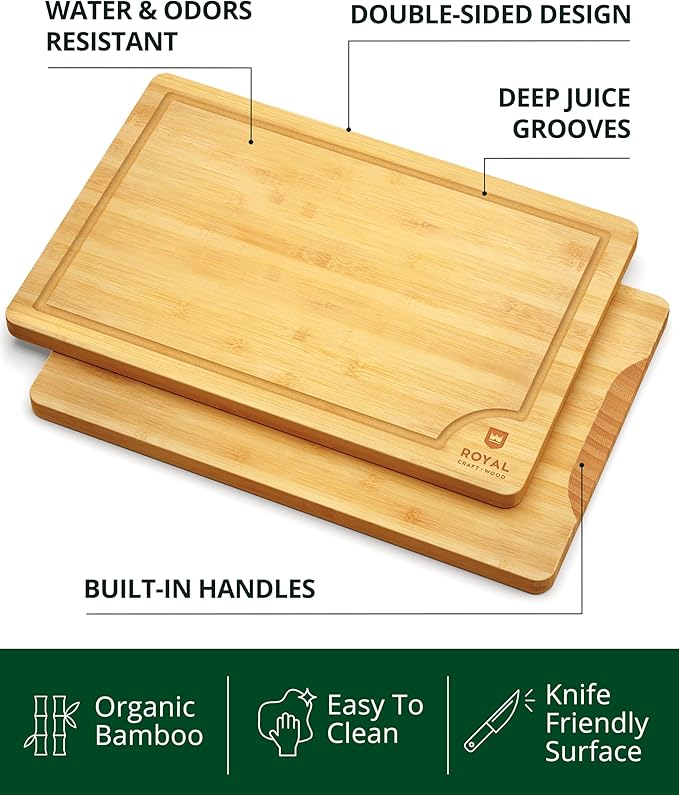 ROYAL CRAFT WOOD Premium Cutting Board Set – Non Toxic Bamboo & Wooden Cutting Boards for Kitchen Meal Prep, Durable Butcher Block for Meat with Side Handles, Deep Juice Groove, Charcuterie & Chopping