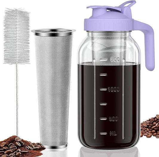 Cold Brew Coffee Maker Jar - 64oz Thick Glass Multipurpose Mason Pitcher Spout Lid with Handle & Stainless Steel Filter for Iced Coffee, Lemonade, Ice Tea, Homemade Fruit Drinks Container