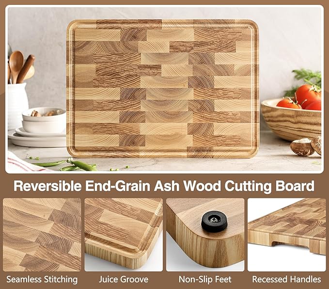 XINZUO Ash Wood Cutting Board for Kitchen, (13.8''L x 9.8''W x 1''T)-End Grain Wood Cutting Board for Meat-Chopping Boards with Slip Feet, Side Handles,Juice Groove