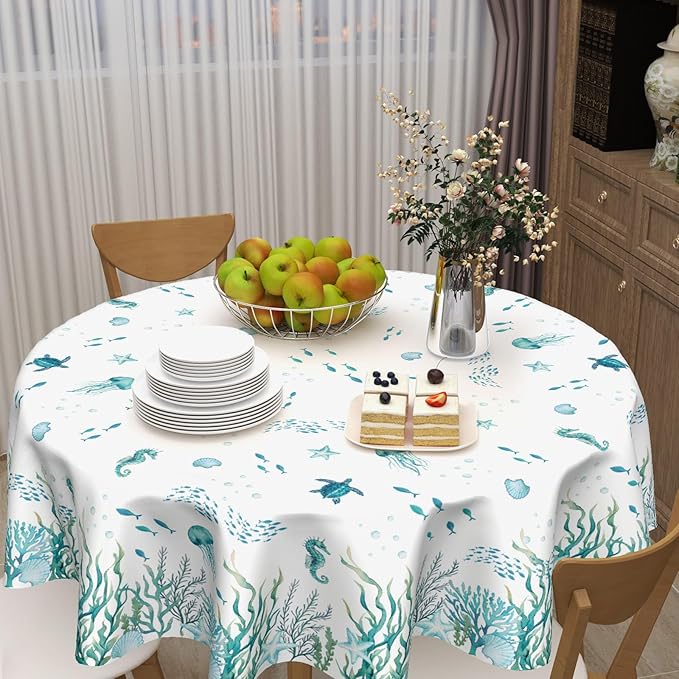 Summer Coastal Round Tablecloth 60 Inch Nautical Sea Turtle Seaweed Jellyfish Polyester Table Cloth Rustic Farmhouse Beach Theme Table Cover for Kitchen Dinner Party Decor