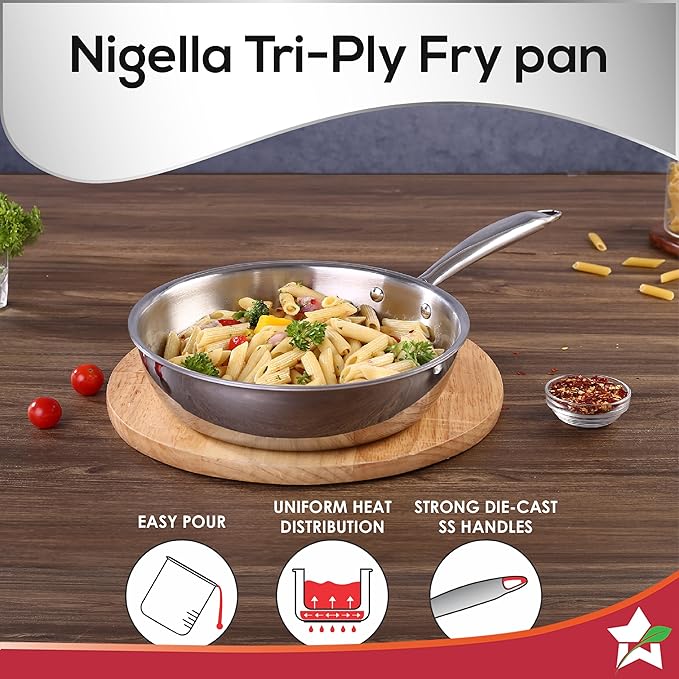 Wonderchef Nigella Tri-ply Stainless Steel 24 cm Fry Pan 2 litres 2.6mm Thickness with Induction Base Compatible with All cooktops Riveted Cool-Touch Handle 10 Year 20 cm Silver