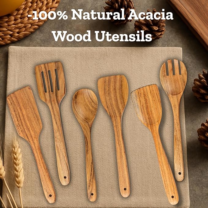 Mie Creations Acacia Wood Spatulas for Cooking, 6 Pcs Wooden Kitchen Cooking Utensils for Nonstick Pans & Cookware, Set of 6 Turner, Paddle, Slotted Spatula, Spoon, Fork, Sturdy Smooth Heat Resistant