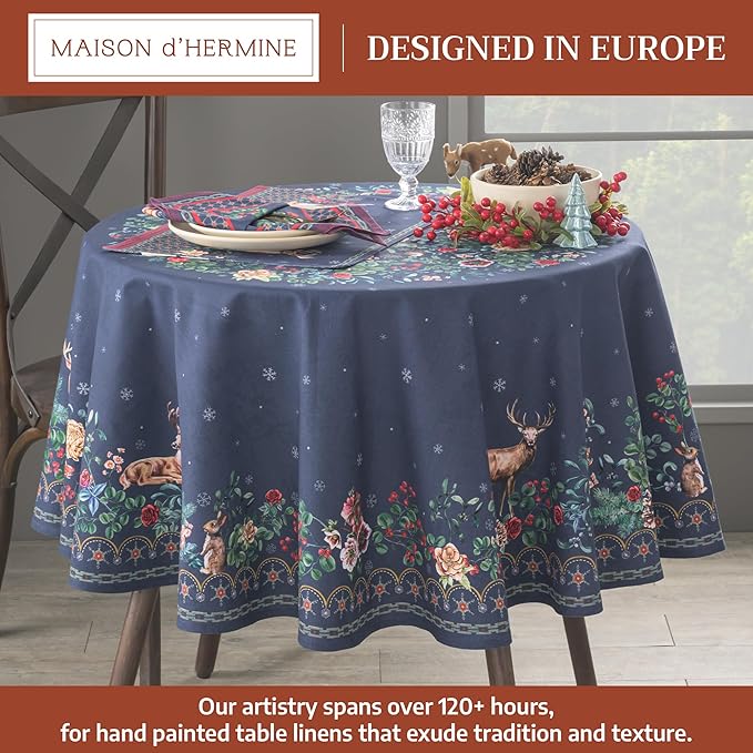 Maison d' Hermine Table Cloth Round Table 100% Cotton 69 Inches Fall Tablecloth Reusable Everyday Use for Thanksgiving Christmas Decorations Dining Farmhouse Party (Christmas Joy)
