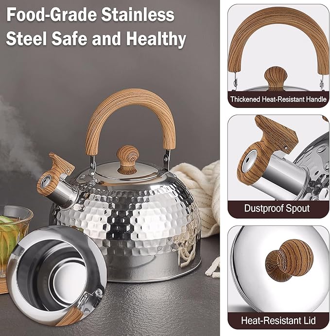 Tea Kettle, Food Grade Stainless Steel with Wood Pattern Folding Handle, Whistling Kettle for Induction, Gas, and Electric Stovetops (3 liters)