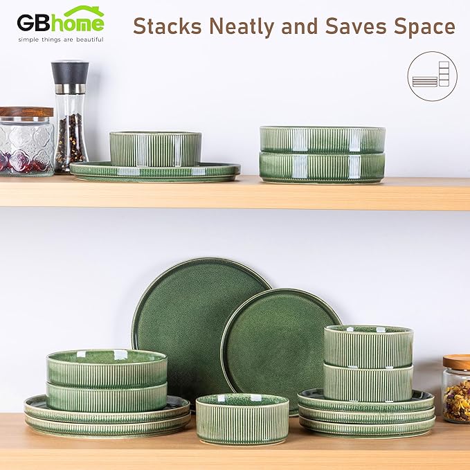 GBHOME 18-Piece Stoneware Dinnerware Set for 6 – Ribbed Ceramic Plates and Bowls, Scratch-Resistant, Microwave & Dishwasher Safe, Reactive Glaze, Dark Green