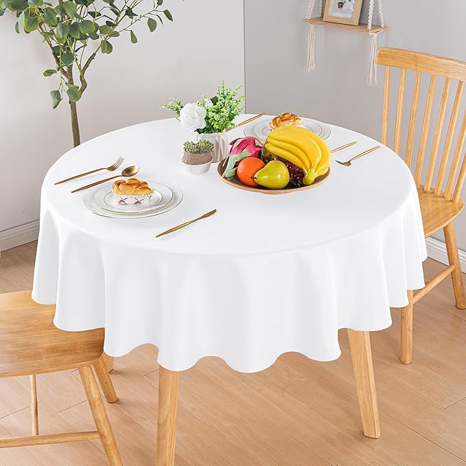 Hiasan Round Textured Tablecloth 90 Inch - Waterproof Spillproof Antiwrinkle Jacquard Abrasion-Resistant Table Cloth, Decorative Polyester Table Cover for Kitchen Dining Party Wedding Camping, White