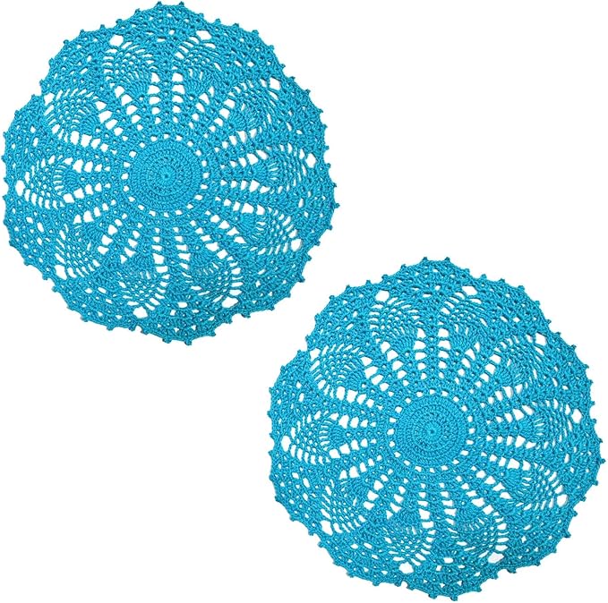 BIBITIME Lace Doilies Crochet Handmade Lace Coasters Round Placemat Rustic Table Doilies Decors for Kitchen Dining Room Party Dressers (11 inches to 12 inches,Pack of 2 PCS, Bright Lake Blue)