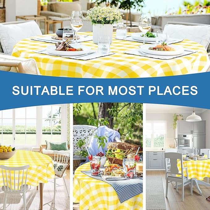 Hiasan Checkered Round Tablecloth 60 Inch - Waterproof & Wrinkle Resistant Washable Fabric Spring Table Cloth for Dining Room Party Outdoor Picnic, Yellow and White