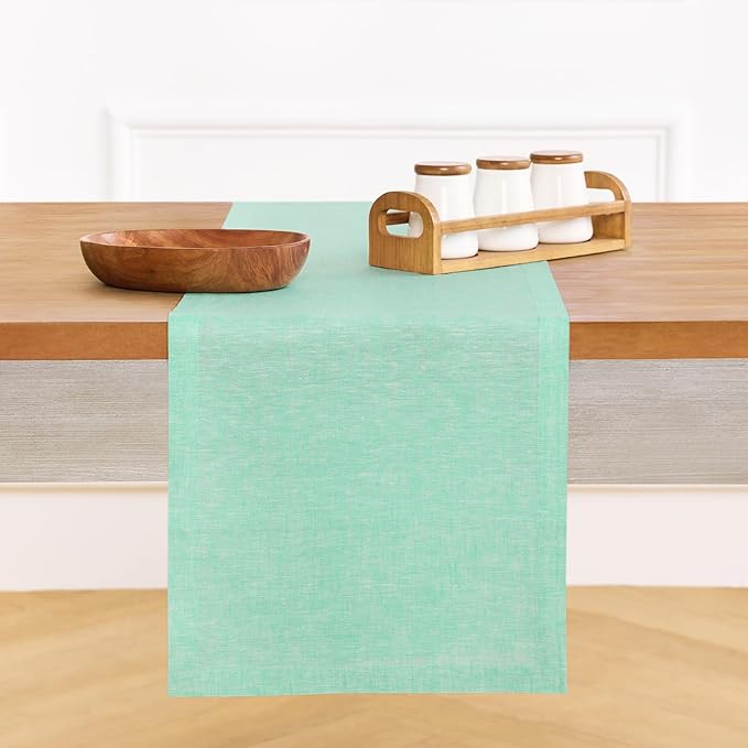 Solino Home Linen Table Runner 72 Inches Long - Athena, 100% Pure Linen Chambray Aqua Dining Table Runner 14 x 72 Inch for Winter, Spring, Easter