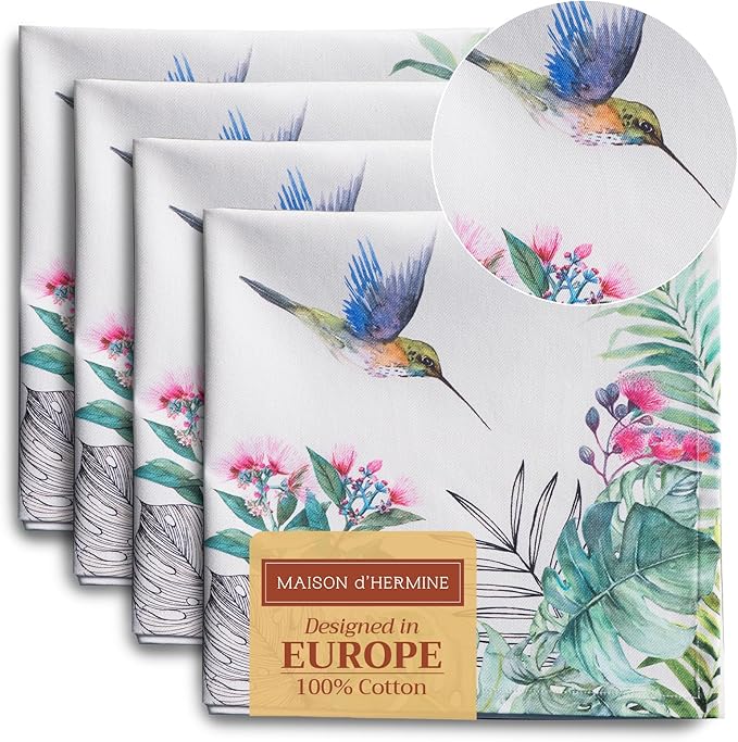 Maison d' Hermine Cloth Napkins Set of 4 100% Cotton Everyday Reusable Square Napkins Cloth Washable Dinner Party Wedding Restaurant Valentines Day Decorations Spring/Summer (Tropiques, 20" x 20")