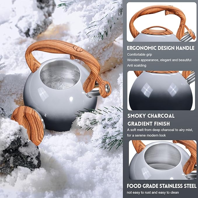 GGC Tea Kettle for Stove Top, 3.1QT/3L Whistling Tea Kettles for Boiling Water Coffee or Milk, Grey&Black Gradient kettle Pot with Wood Parttern Handle, Stainless Steel Pot for Home and Kitchen