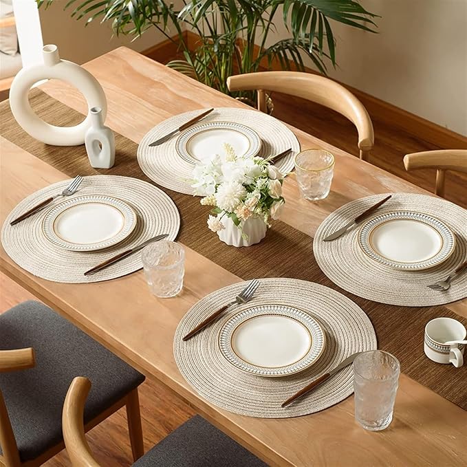 6PCS Braided Beige Round Place Mats for Kitchen Dining Table Runner Heat Insulation Non-Slip Washable Placemats Dinner(Mix Red)