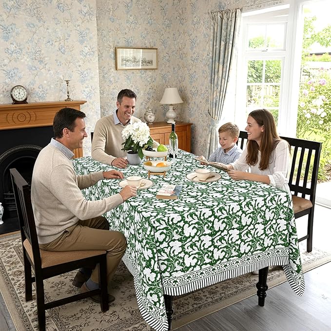 Ridhi Hand Block Print Pantone Artichoke Rectangle Cotton Tablecloth 160" x 72" Reusable Table Cover Decorative Everyday Use for Dining, Farmhouse, Home Gift for Spring, Easter, Valentine