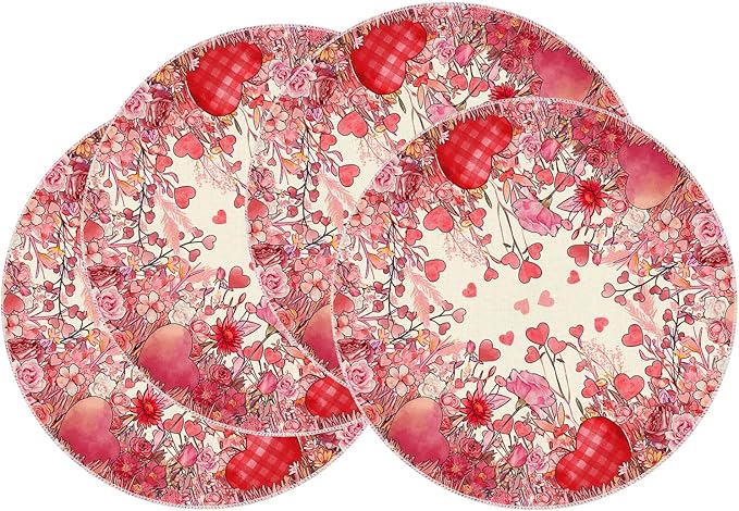 XCHI Wild Flowers Love Hearts Valentine’s Day Round Placemats Set of 4 Table Mats for Party Home Kitchen Dining Table Decorations 14x14 Inch