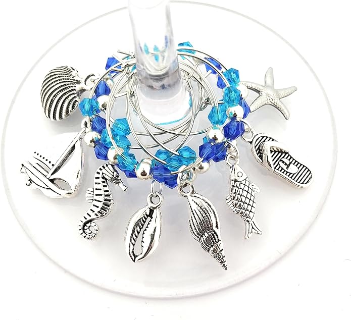 Beach Wine Charms, Seashell, Summer Wine Charms, Beach Lover and House Gifts, Nautical Glass Identifiers, Shell Glass Tags, Clam Shell, Party Supplies and Party Favors - 8 piece set
