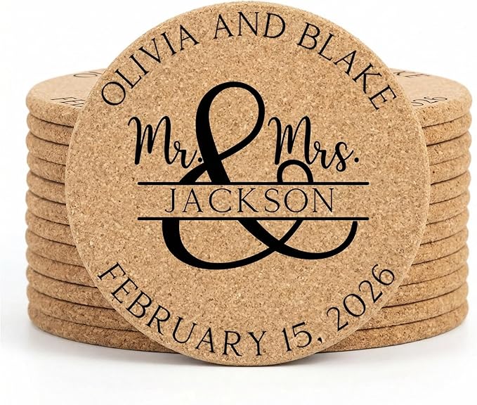 Set of 30-100 Personalized Cork Coasters | Monogrammed Mr & Mrs Wedding Coaster Favors | Custom Engraved Cork Coaster Set | CC104