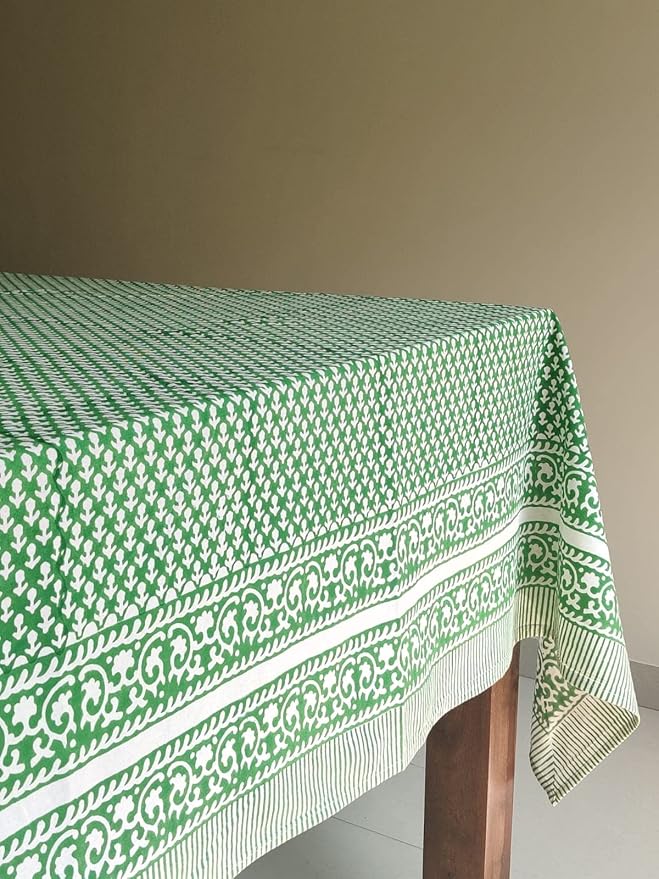 ATOSII Queen Green 100% Cotton Tablecloth, Handblock Print Rectangle Table Cover for Kitchen Dining I Tabletop Linen I Parties, Thanksgiving, Christmas, Wedding, Fall Table Cloth 60 X 90 Inches
