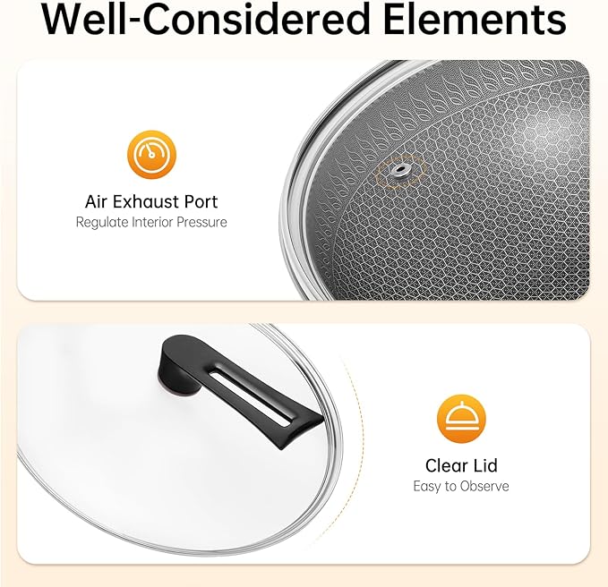 Wok Pan, 13.4 inch Stainless Steel Honeycomb Non Stick Stir Fry Pan with Lid and Stay-Cool Handle PFOA Free Cookware for Induction Gas Electric & Ceramic Cooktops Dishwasher