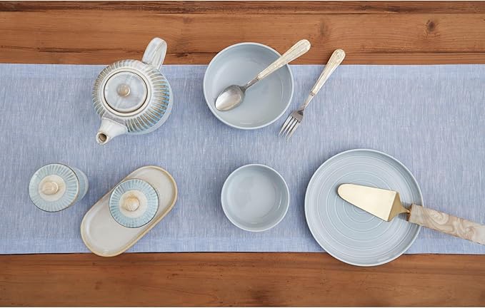 Solino Home Linen Table Runner 36 Inches - 100% Pure Linen Chambray Blue Table Runner 14 x 36 Inch Ideal for Dresser and Coffee Tables, Spring, Easter - Athena