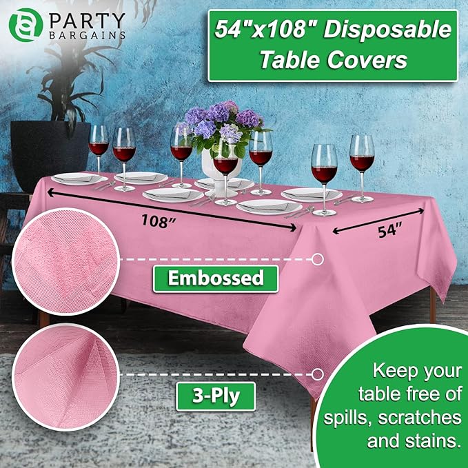 PARTY BARGAINS Disposable Table Covers, 54 x 108 Inch, Pink, 3-Ply Paper & Plastic Spill-Resistant Party Tablecloths, 1 Pack