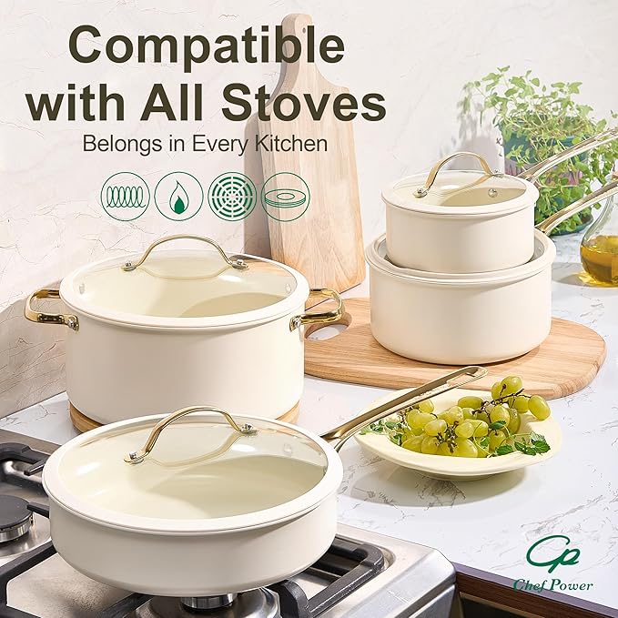 Chef Power Ceramic Cookware Sets, 10Pcs Pots and Pans Set Non Stick, Cookware Set with Stainless Steel Handle, Dishwasher & Oven Safe, Cream White and Light Gold Handle