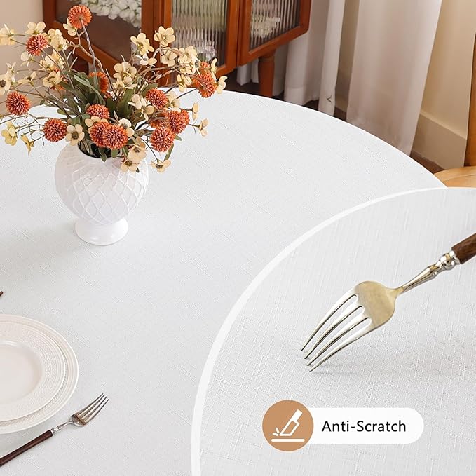 White Fabric 60 Inch Round Table Cloth Faux Linen Textured Water Resistant & Wipeable Circle Tablecloth Reusable for Dining Kitchen Patio