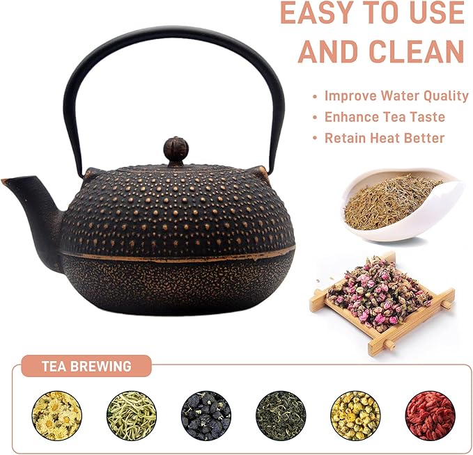 YJX 60.9oz Large Cast Iron Teapot for Stovetop Safe, 6 Cup Tea Kettle, Japanese Tetsubin, Teapot with Stainless Steel Infuser for Loose Tea, Tea Pot Enameled Interior (1.7QT/1.8L)