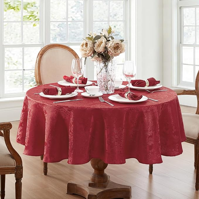 Elrene Home Fashions Caiden Elegance Damask Waterproof, Stain & Wrinkle Resistant Fabric Tablecloth, 70" Round, Red