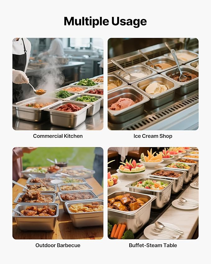 VEVOR 6 Pack Stainless Steam Hotel Pans, 1/6 Size Table Steam Pan, 4 Inch Deep, Anti Jam Restaurant Supplies Reusable Rustproof Catering Storage for Home, Party, Restaurant, Hotel, Buffet