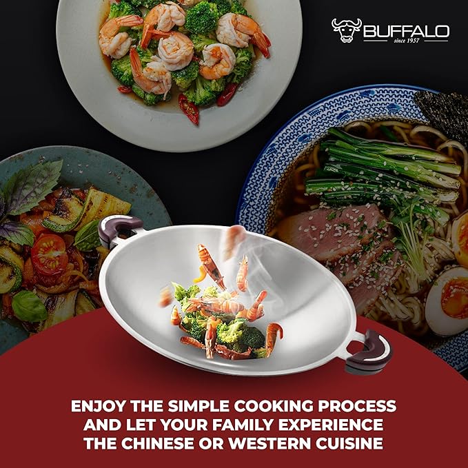 BUFFALO Stainless Steel Wok Pan with Lid Round Bottom 14 inch (35cm) Stir Frying Pan Tri-Ply Nonstick Cookware - Double Handle Cooking Pot for Induction/Electric/Gas Stoves + Wok Ring