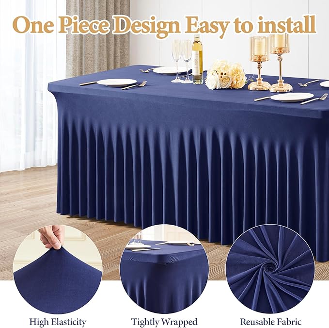 2 Packs Navy Blue Spandex Tableclothes for 8 Foot Rectangle Table, Spandex Table Covers 8FT Stretch Table Skirts Rectangle Wrinkle Free Fitted Tablecover for Event, Wedding, Banquet & Parties