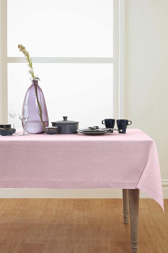 Solino Home Linen Tablecloth 60 x 120 Inch - 100% Pure Linen Bubblegum Pink Table Cloth for Rectangle Tables - Athena, Machine Washable Tablecloth for Valentines, Spring, Easter