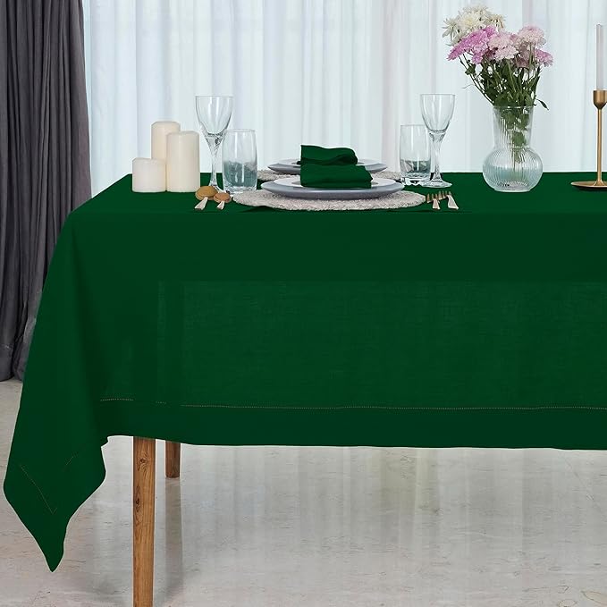 D'Moksha Homes Forest Green Linen Tablecloth for Rectangle Tables 60 x 84 Inch - Classic Hemstitch 100% Pure Linen Green Table Cloth - Machine Washable Dining Tablecloth for St Patricks Day, Easter