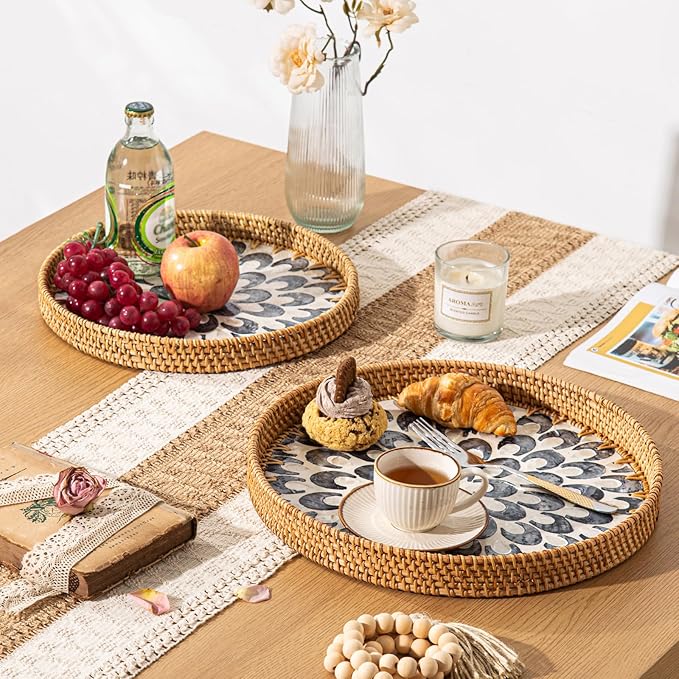 Round Rattan Tray Home Decor, 12'' Wicker Serving Tray with Mother of Pearl Inlay, Boho Decorative Tray for Coffee Table, Bathroom, Ottoman, Kitchen Table, Bathroom (Bohemian)