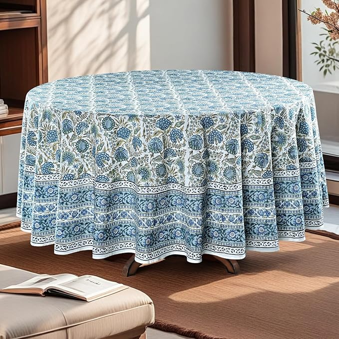 Ridhi Block Print Round Sage Green Salmon Pink Reusable Tablecloth 100% Cotton 132" Inch Decorative Table Cover eveyday Dining, Home, Party, Wedding, Farmhouse Gift for Spring, Easter, Valentine