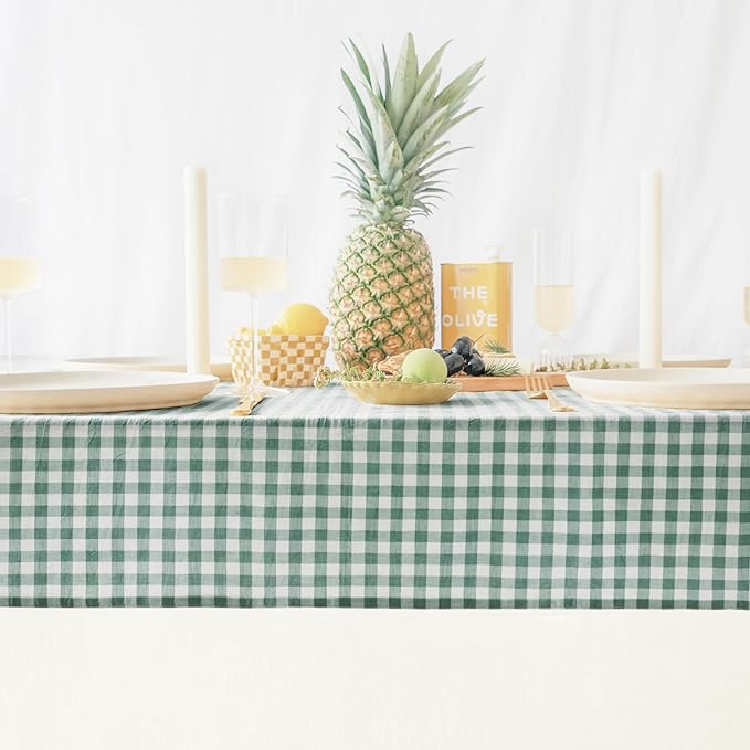 MONDAY MOOSE Gingham Checkered Farmhouse Rustic Picnic Style Decoration Rectangle Natural Stonewashed Cotton Tablecloth for Kitchen, Dining Room, Restaurant (55x70 inch, Green/White)