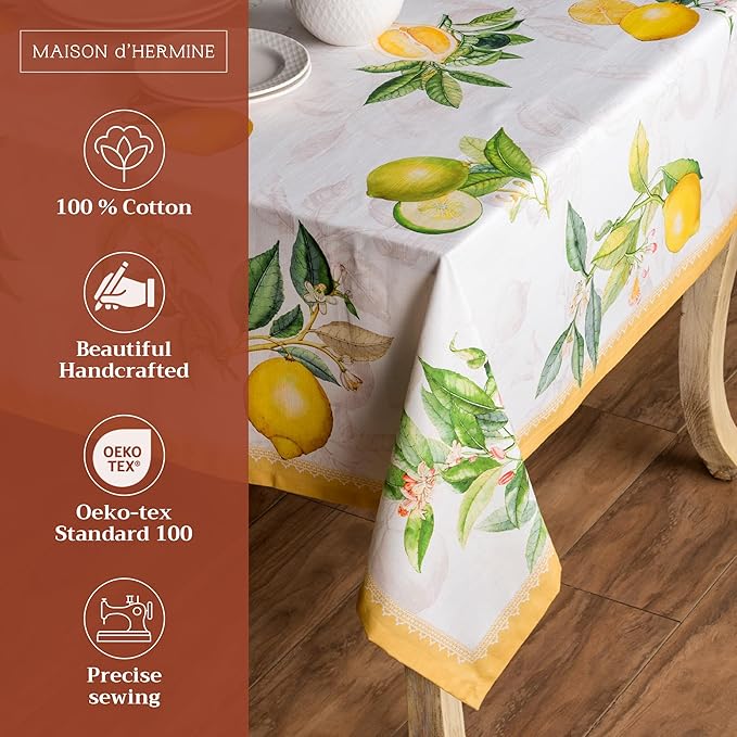 Maison d' Hermine Table Cloth Rectangle Table 100% Cotton 70 x 108 Inches Tablecloth Reusable Decorative for Dining Room Farmhouse Home Valentines Day Decorations Spring Summer - Limoncello